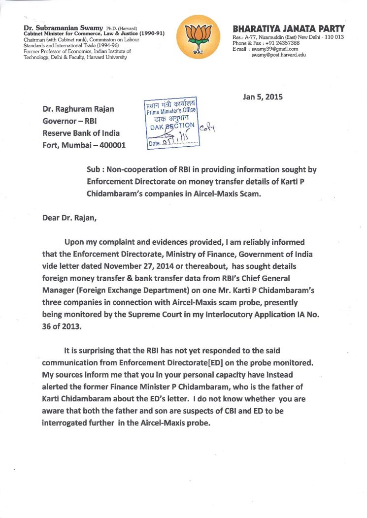 Page 1 of Dr. Swamy's letter to Rajan
